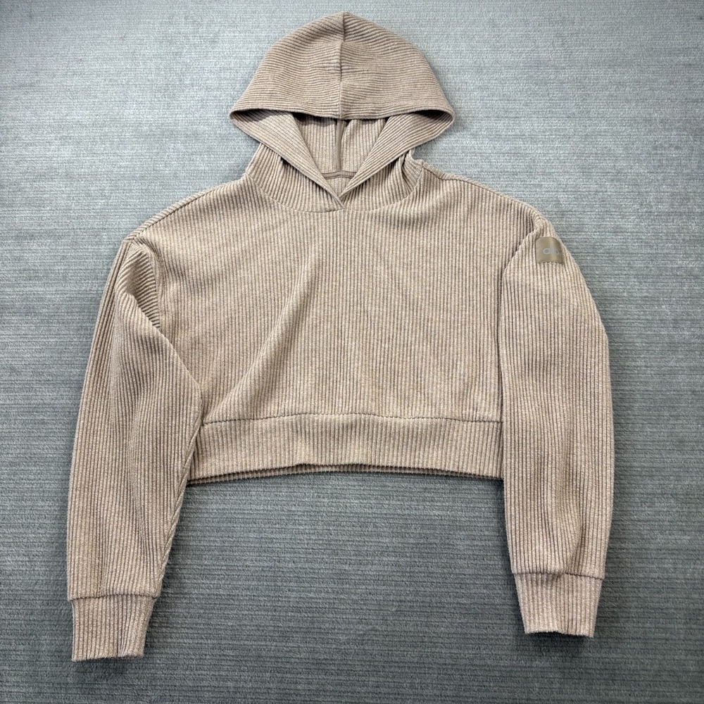 ALO Yoga Muse Ribbed Cropped Hoodie Light Beige Gravel Women Medium Athleisure